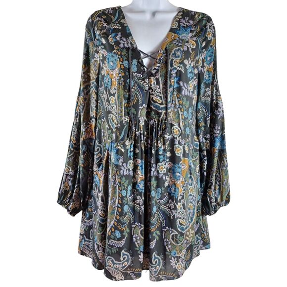 Free People Mini Dress S Gray Boho Floral Long Sleeve Crochet Yoke Lined Flowy - Picture 2 of 9
